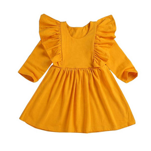 Long Sleeve Baby Boutique Clothing Wholesale Children Ruffle Dresses Solid Mustard Toddler Girls Fall Dress Children Girl Dress