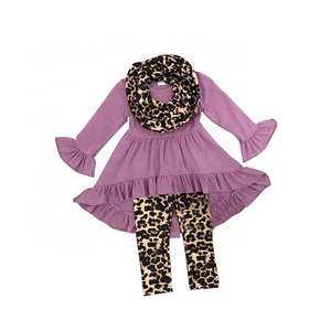 Boutique Baby Girl Winter And Spring Slothes Purple Hi Low Dress Leopard Pants Sets Baby Girls Clothing