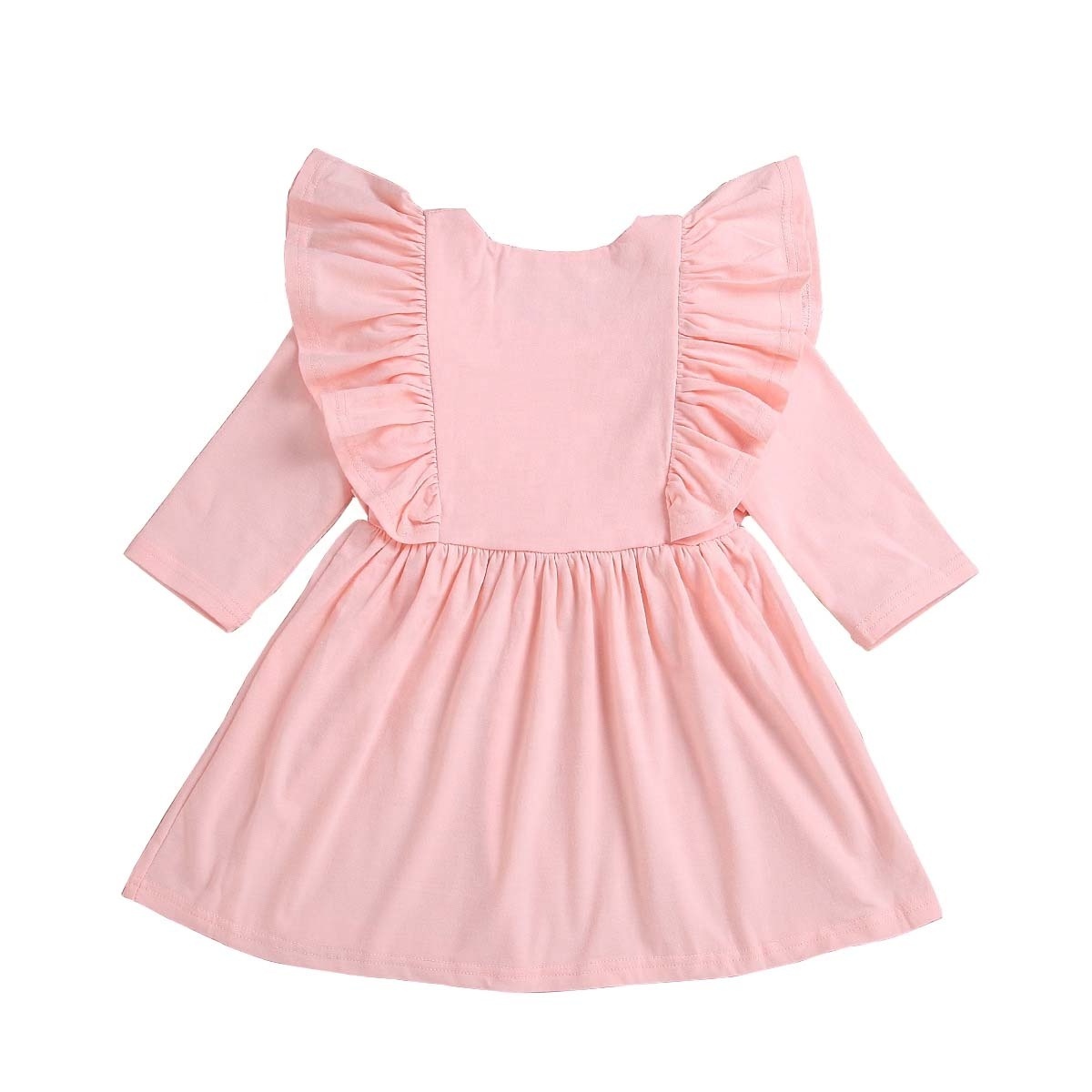 Long Sleeve Baby Boutique Clothing Wholesale Children Ruffle Dresses Solid Mustard Toddler Girls Fall Dress Children Girl Dress