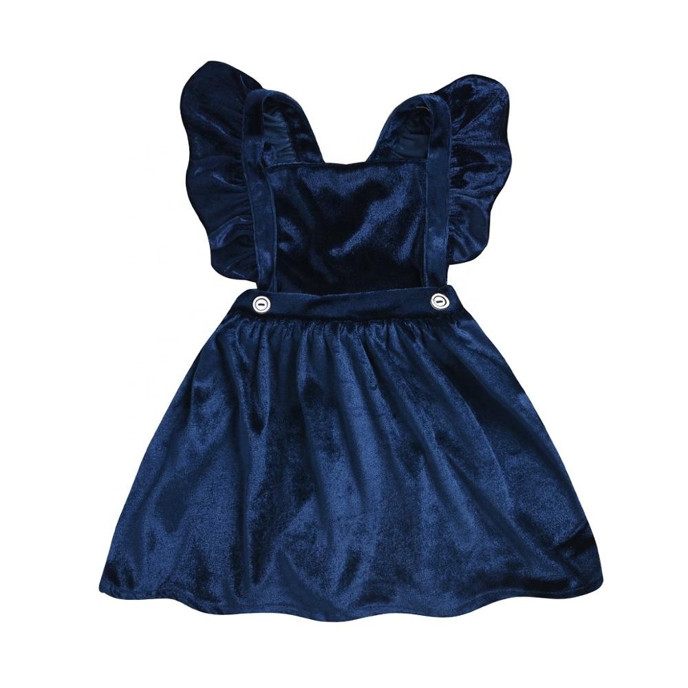 Baby Girls Velvet Dress Pure Peacock Blue Color Children Dresses Of Girls Backless Princess Ruffle Sleeve Girls Dress