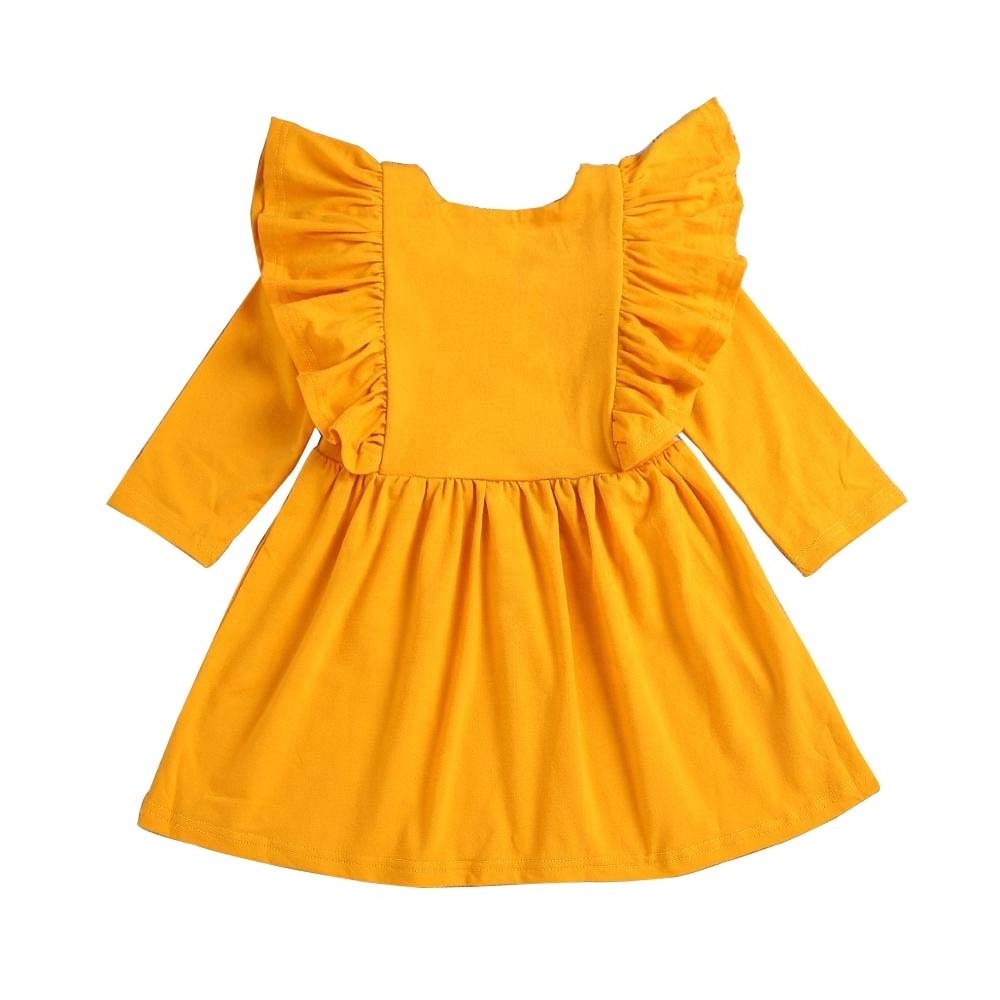 Long Sleeve Baby Boutique Clothing Wholesale Children Ruffle Dresses Solid Mustard Toddler Girls Fall Dress Children Girl Dress