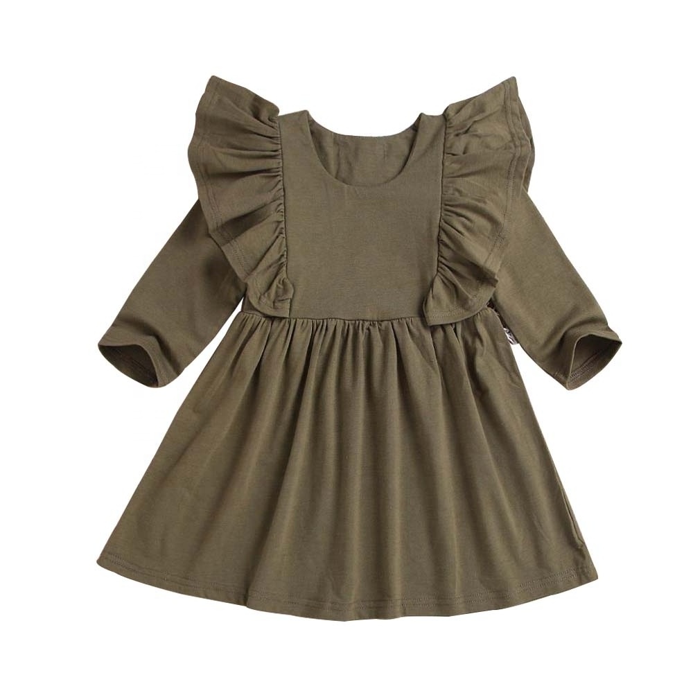 Long Sleeve Baby Boutique Clothing Wholesale Children Ruffle Dresses Solid Mustard Toddler Girls Fall Dress Children Girl Dress