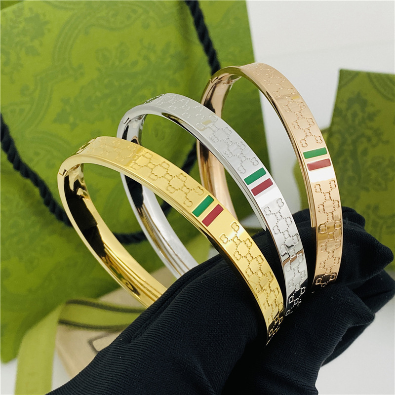 Fashion Titanium Steel Red and Green Bangles Plating Non-changing Female Double G Design Stainless Steel Bangles Bracelets