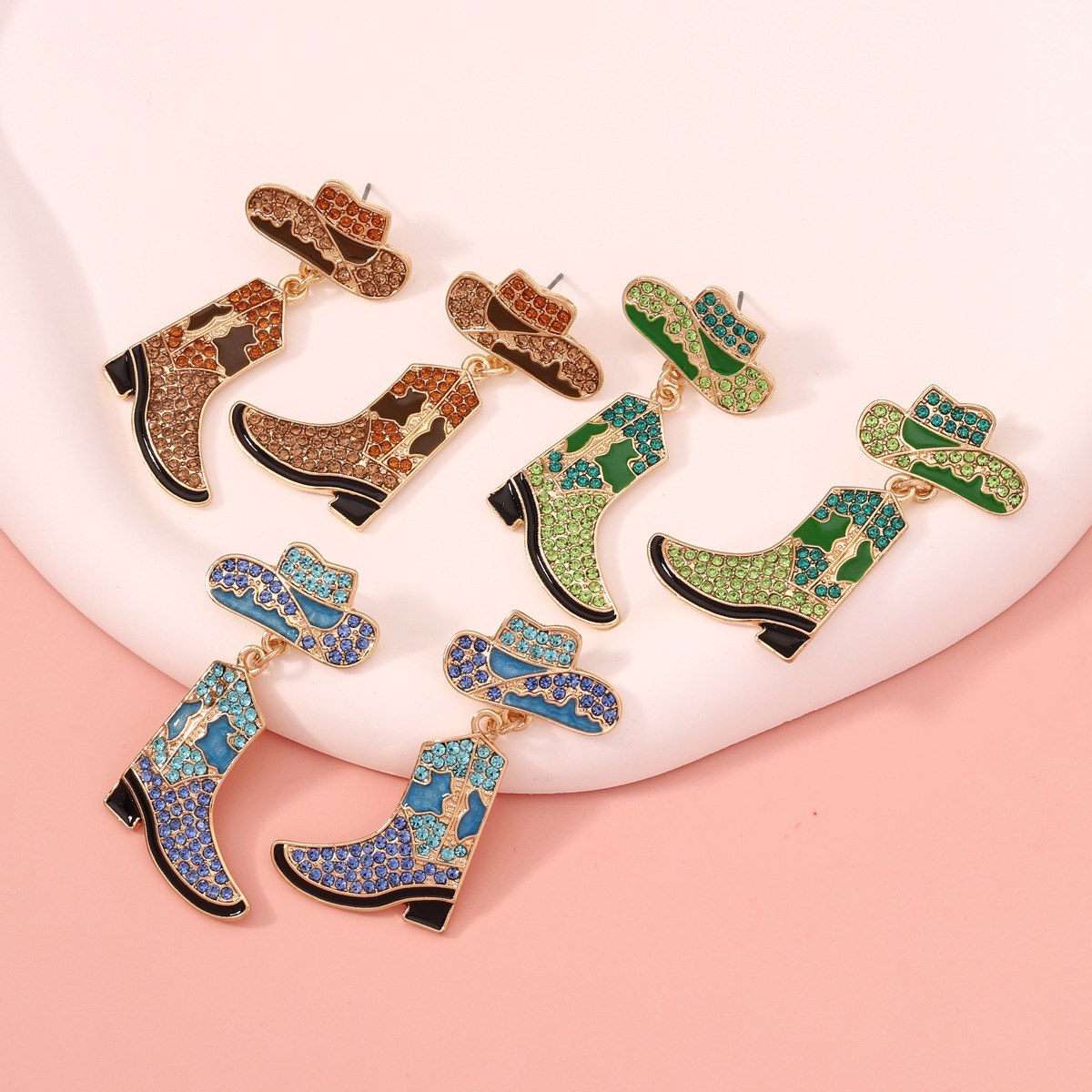 2023 NEW Fashion Pink Stones Hat Earrings Multiple Epoxy Colors and Diamond Alloy Cow Boots Western Cowboy Hat Earrings