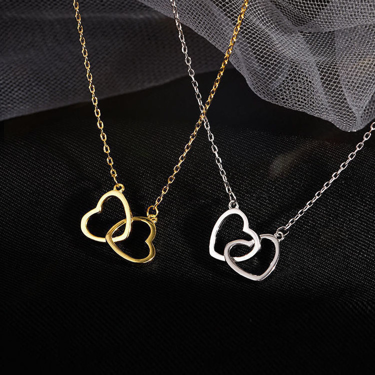 Fashion Titanium Steel Do Not Fade Color Jewelry Accessories 18K Gold Cute Double Ring Love Hearts Necklaces