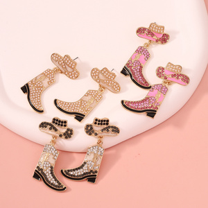 2023 NEW Fashion Pink Stones Hat Earrings Multiple Epoxy Colors and Diamond Alloy Cow Boots Western Cowboy Hat Earrings