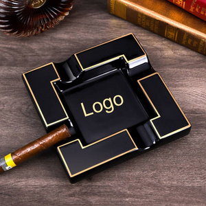 Custom Logo Black Porcelain Square Ash Tray Premium Ceramic Luxury Cigar Ashtray For Office Hotel