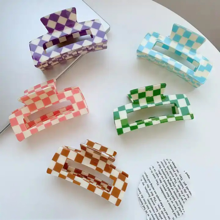 CANYUAN Custom Korean colorful fashion checkered women hair clips PVC geometric shark plaid hair claws for girls