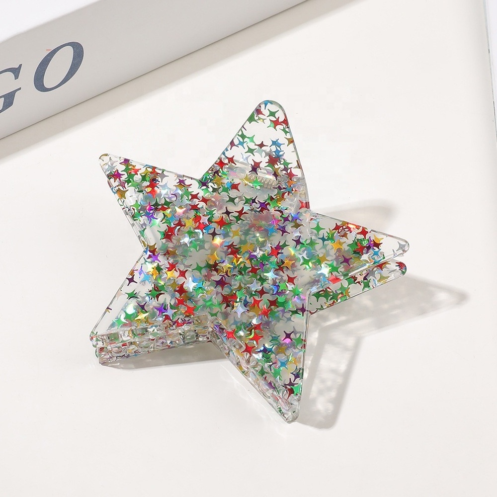 CANYUAN Simple acetate acrylic 8.5cm shark hair clips wholesale solid glitter colors five-pointed star hair claws for girls