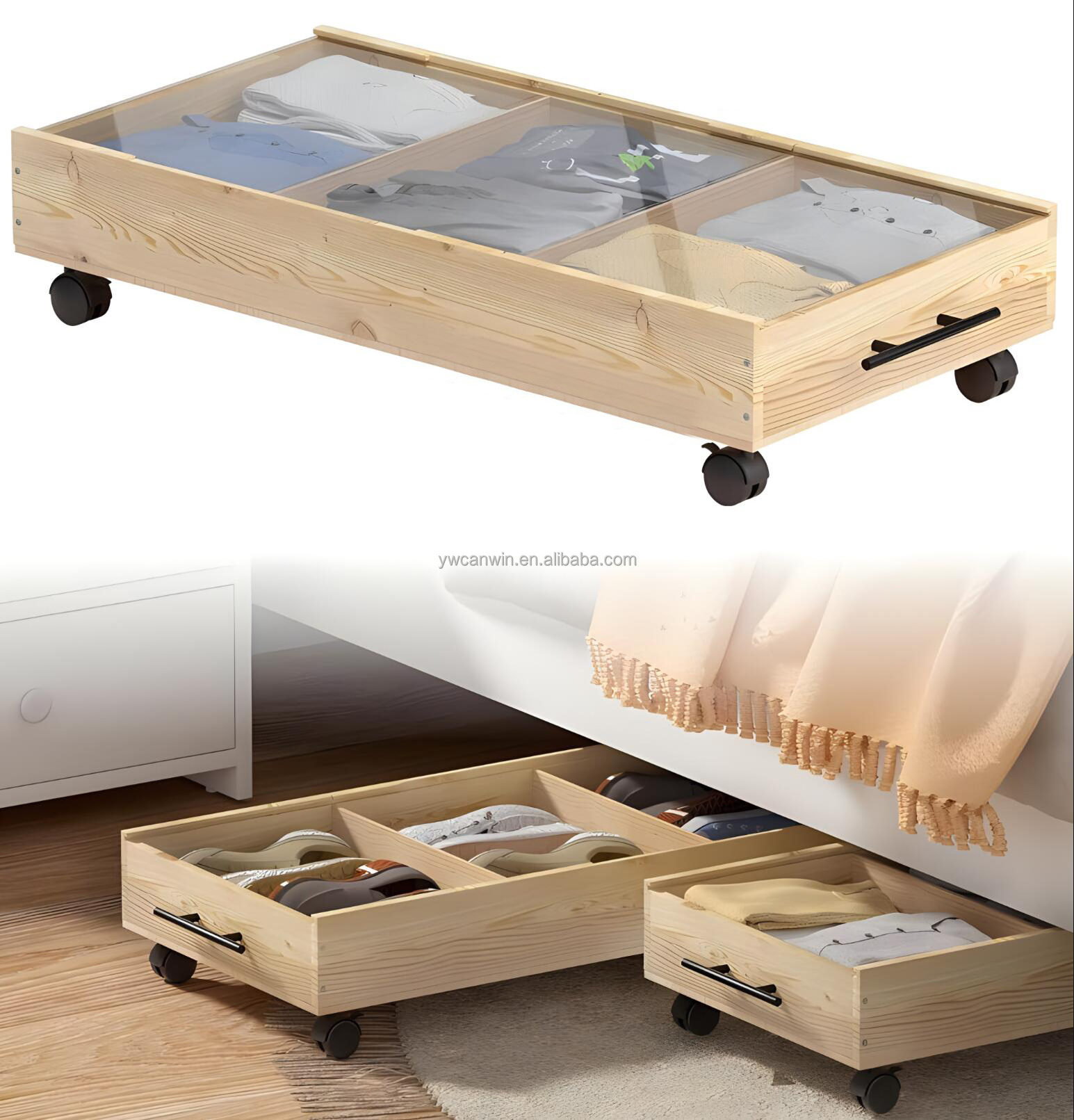 Wooden Under Bed Storage with Wheels Containers Large Under Bed Rolling Storage with Lid Bedroom Storage Organizer for Clothes