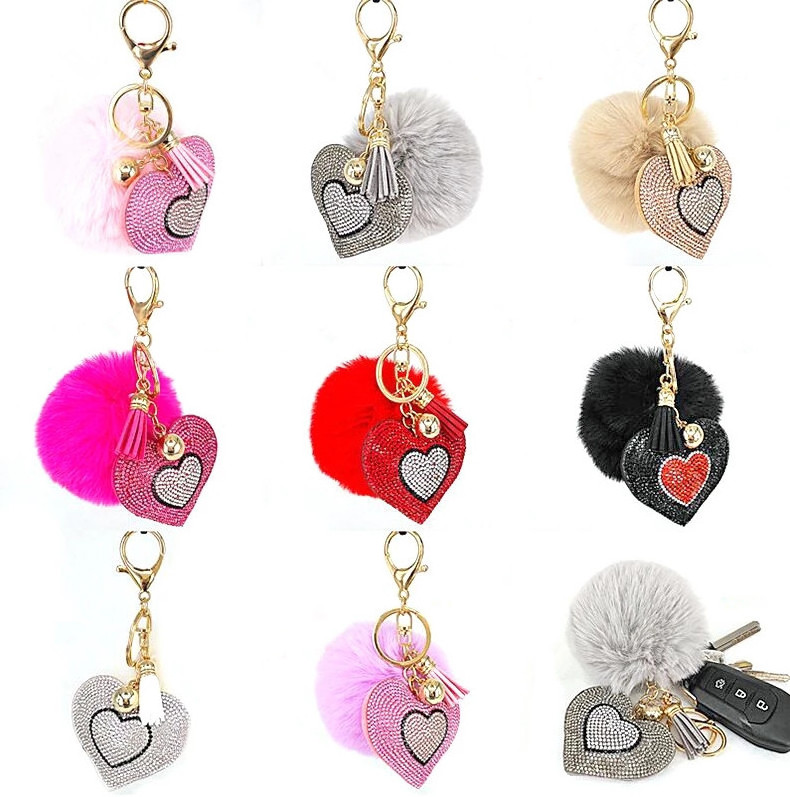 Wholesale Bag Accessories Cute Heart Crystal Puff Keychains Custom Fluffy Keychain Pom Pom Keychain