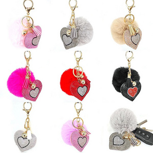 Wholesale Bag Accessories Cute Heart Crystal Puff Keychains Custom Fluffy Keychain Pom Pom Keychain