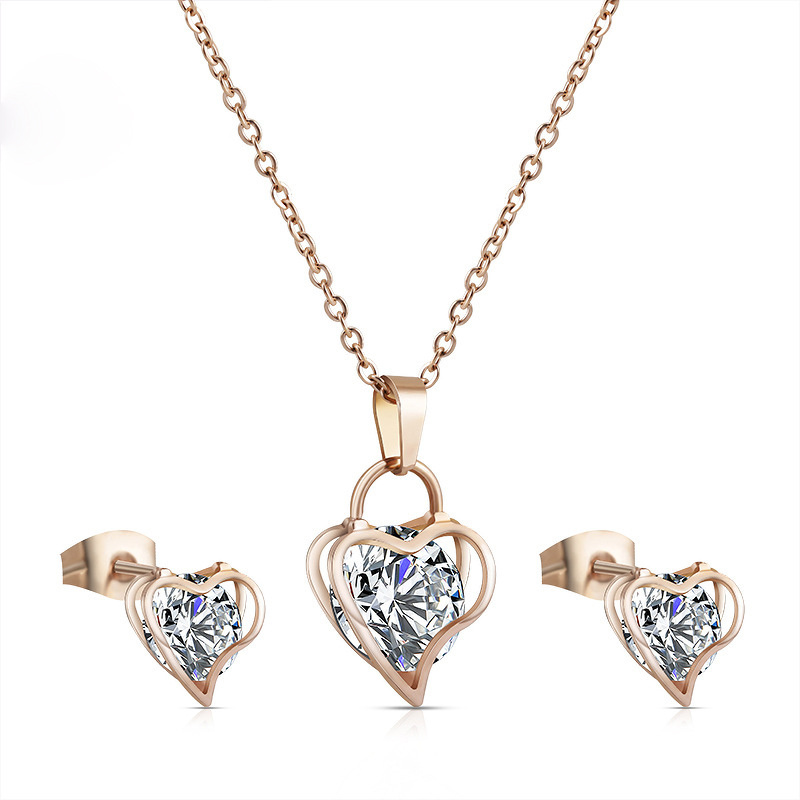 Lock Love Sparkling Zircon Heart Pendant Rolllo Chain Stainless Steel Necklace and Stud Earrings Set for Lovers Women