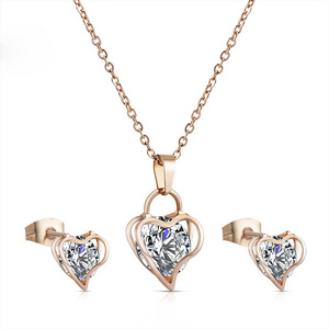 Lock Love Sparkling Zircon Heart Pendant Rolllo Chain Stainless Steel Necklace and Stud Earrings Set for Lovers Women