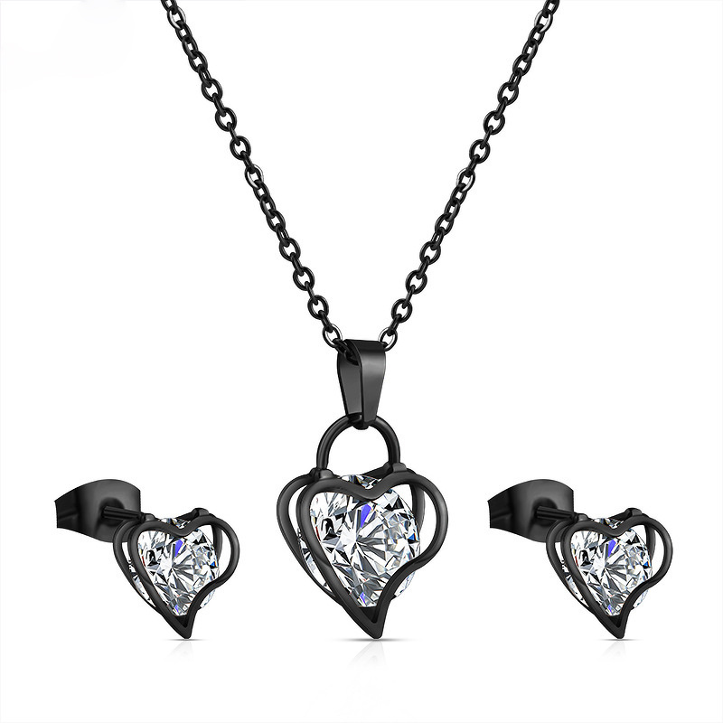 Lock Love Sparkling Zircon Heart Pendant Rolllo Chain Stainless Steel Necklace and Stud Earrings Set for Lovers Women