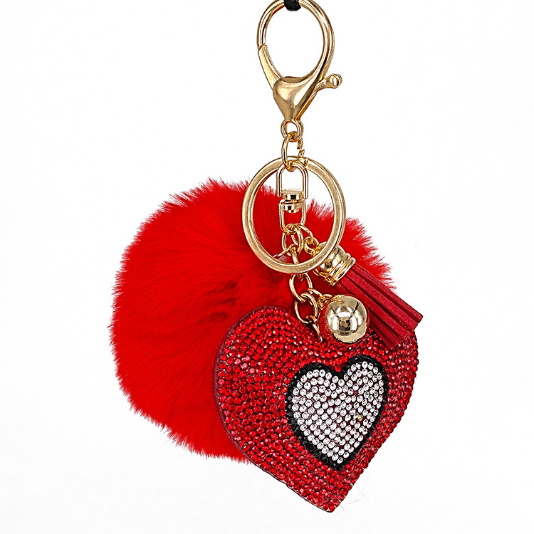 Wholesale Bag Accessories Cute Heart Crystal Puff Keychains Custom Fluffy Keychain Pom Pom Keychain