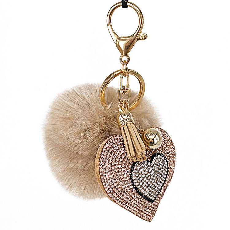 Wholesale Bag Accessories Cute Heart Crystal Puff Keychains Custom Fluffy Keychain Pom Pom Keychain