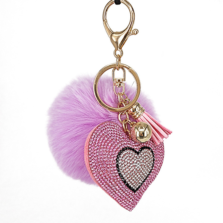 Wholesale Bag Accessories Cute Heart Crystal Puff Keychains Custom Fluffy Keychain Pom Pom Keychain