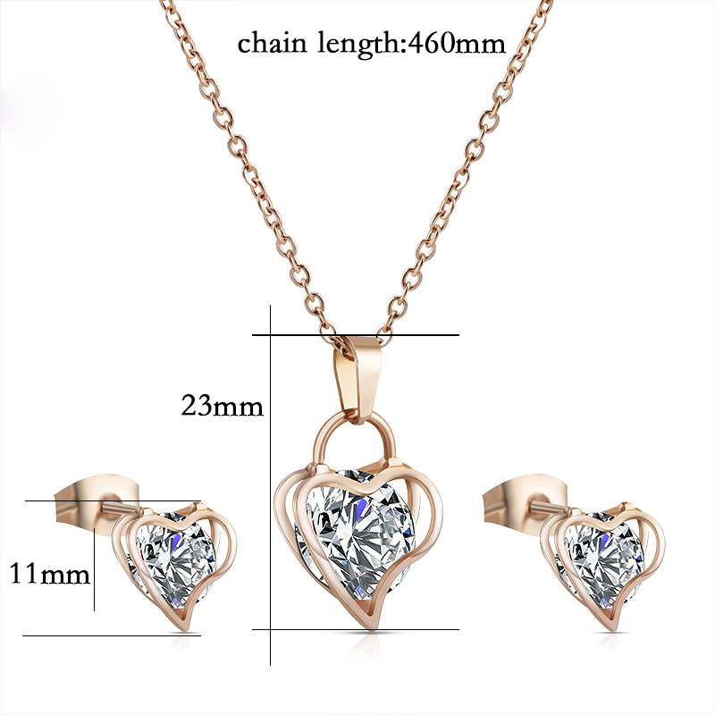 Lock Love Sparkling Zircon Heart Pendant Rolllo Chain Stainless Steel Necklace and Stud Earrings Set for Lovers Women