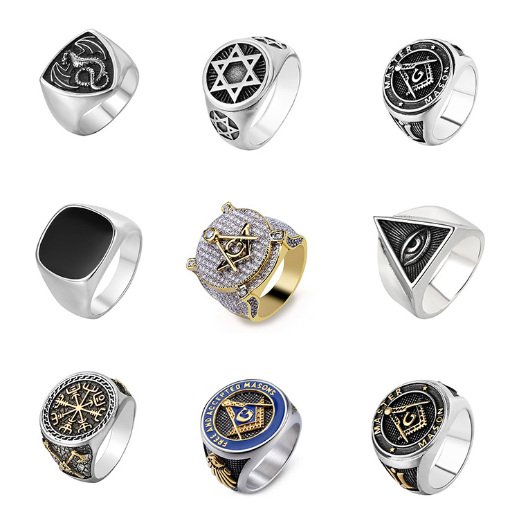 Wholesale New Design Mason Vintage Hip Hop Punk Stainless Steel Champion Gold Silver Plated Masonic Ring For Men