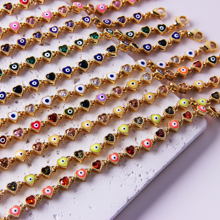 2024 New Arrival Wholesale Custom Turkish Charm Bracelet Adjustable Colorful Enamel Link Chain Eyes Of Evil Bracelets