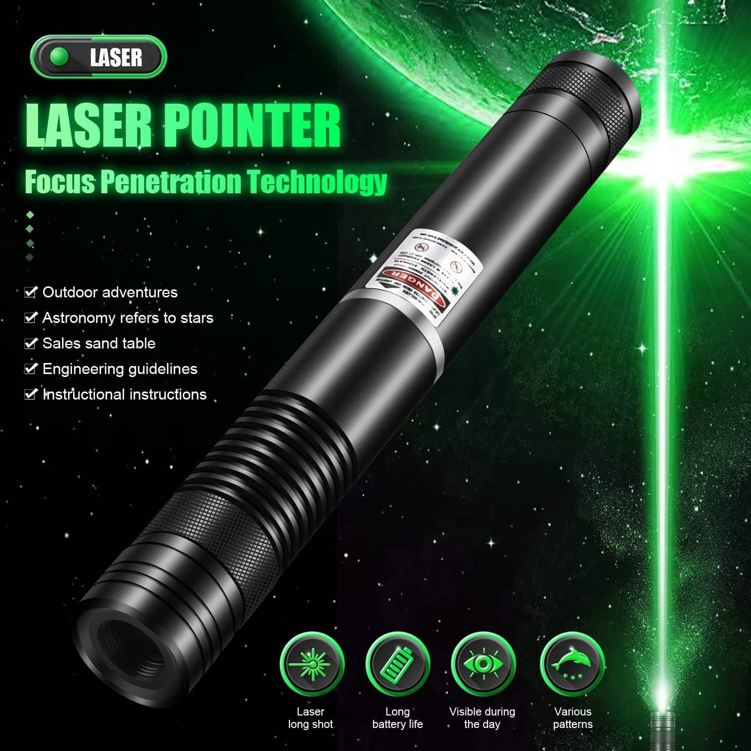 Flashlight with green laser indicator, visible beam at a distance of 20000 feet, rechargeable flashlight