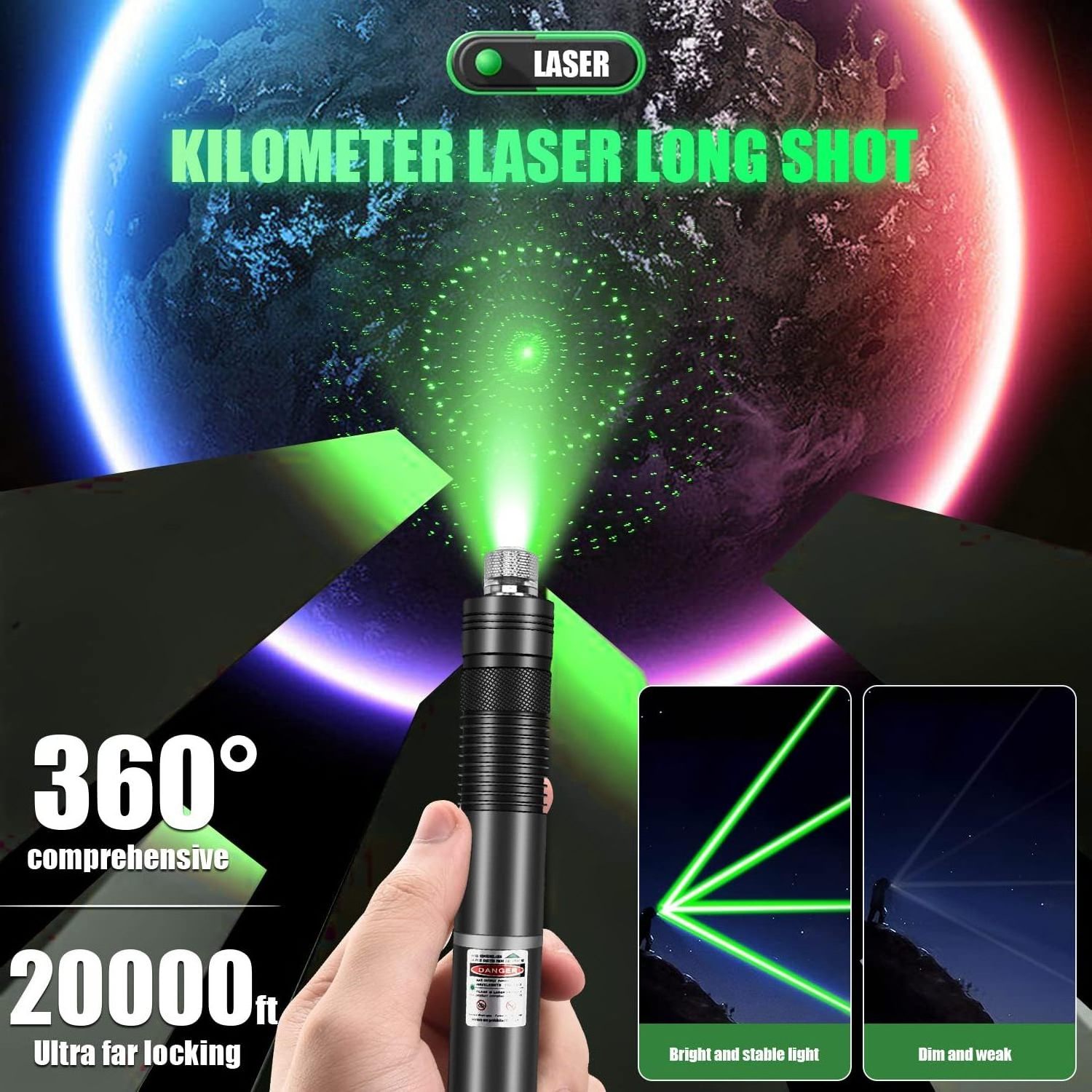 Flashlight with green laser indicator, visible beam at a distance of 20000 feet, rechargeable flashlight