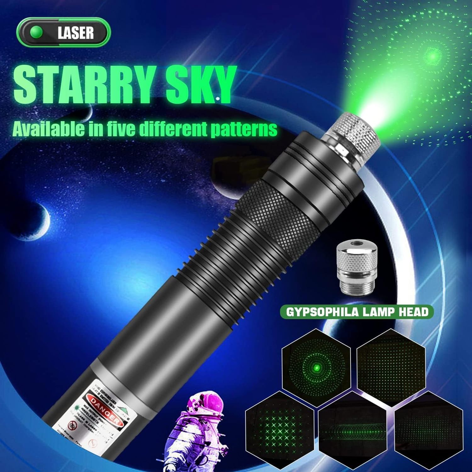 Flashlight with green laser indicator, visible beam at a distance of 20000 feet, rechargeable flashlight