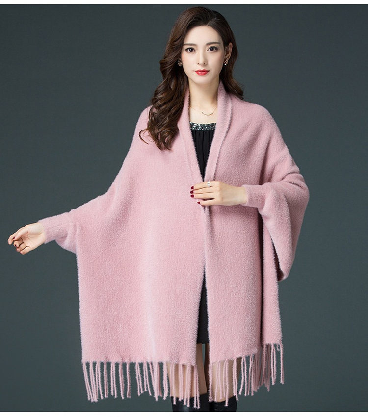 women luxury mink long fur cardigan cape winter poncho shawl with long sleeves wool & blends winter autumn coat Sweater