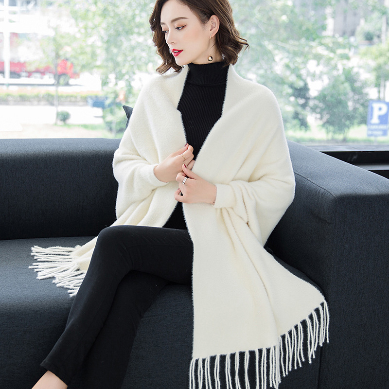 women luxury mink long fur cardigan cape winter poncho shawl with long sleeves wool & blends winter autumn coat Sweater