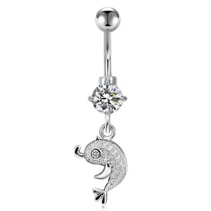 CZ Dolphin Dangle Belly Button Rings 14G Surgical Steel Belly Navel Ring Piercing Jewelry