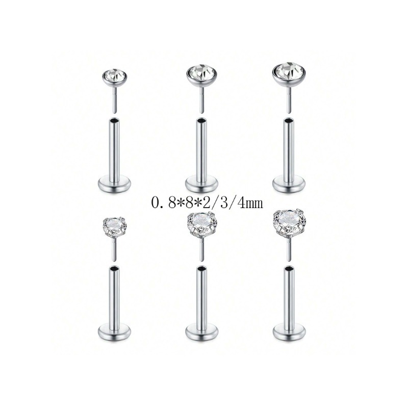 6Pcs/SET 20G 18G 16G Nose Rings Studs Nose Piercing Stainless Steel Cartilage Helix Tragus Conch 6-8mm Length Diamond 2-4mm