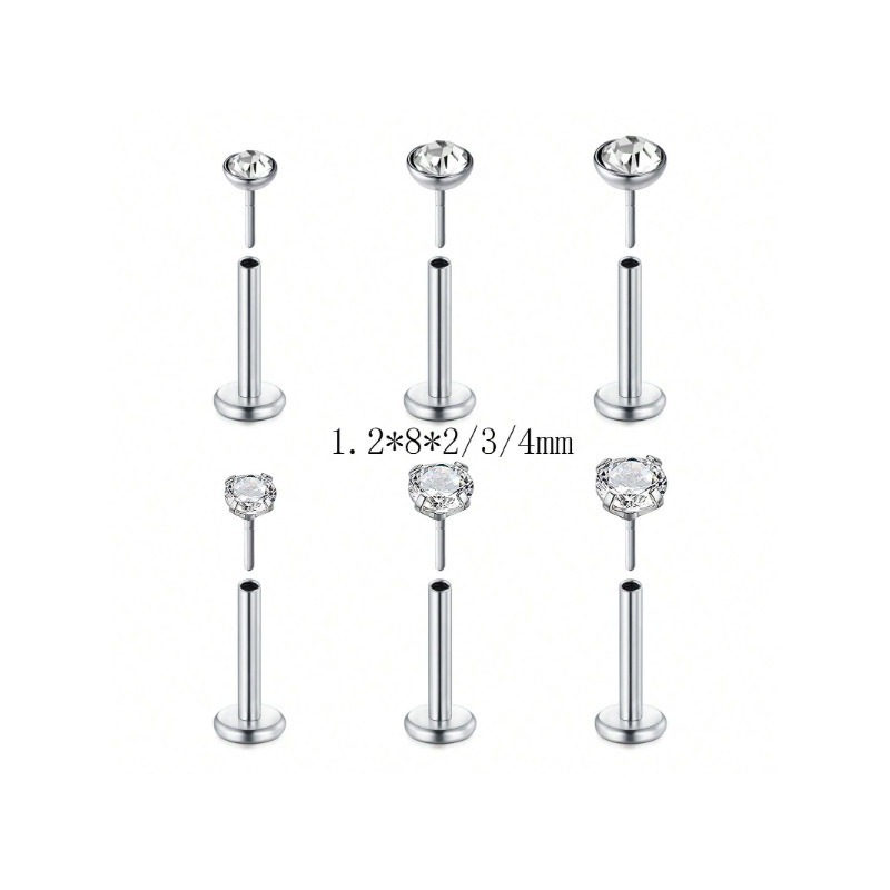 6Pcs/SET 20G 18G 16G Nose Rings Studs Nose Piercing Stainless Steel Cartilage Helix Tragus Conch 6-8mm Length Diamond 2-4mm