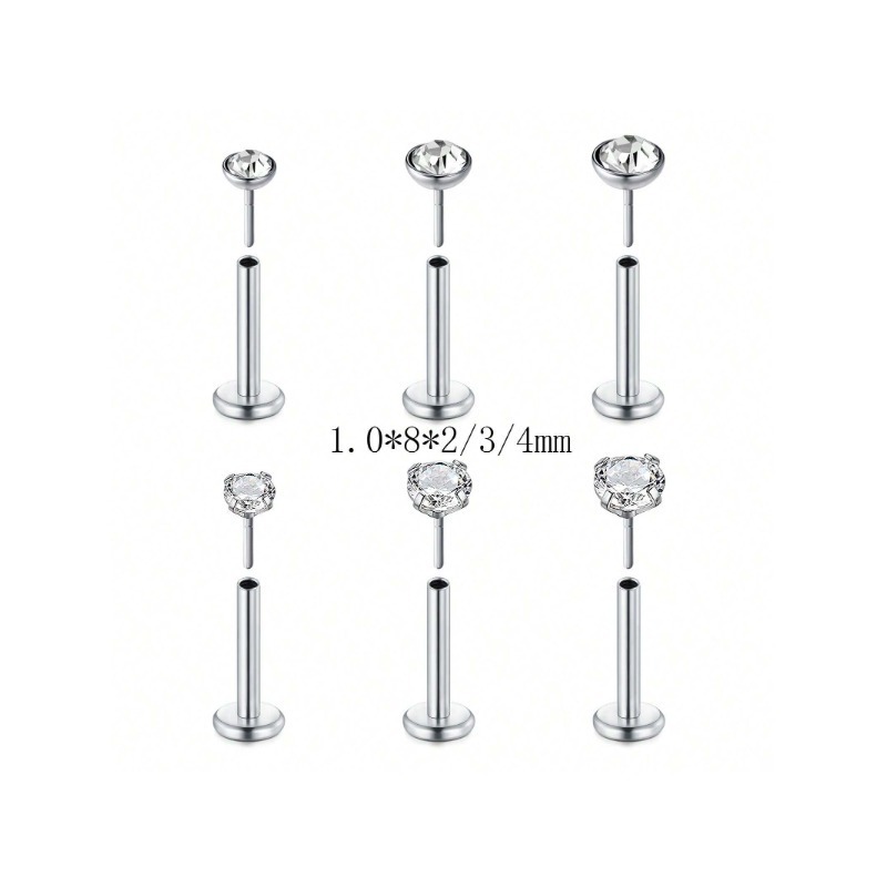 6Pcs/SET 20G 18G 16G Nose Rings Studs Nose Piercing Stainless Steel Cartilage Helix Tragus Conch 6-8mm Length Diamond 2-4mm