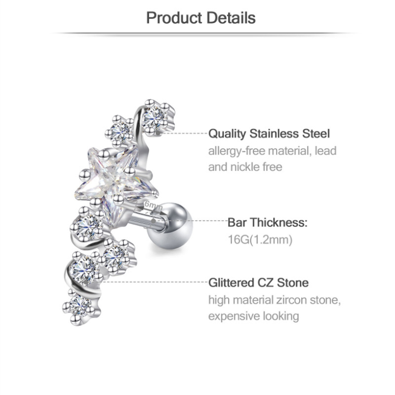 1pc 16 gauge Tragus Earrings Cartilage Studs Helix Earrings Ear Piercing Jewelry Star Shaped Stainless Steel