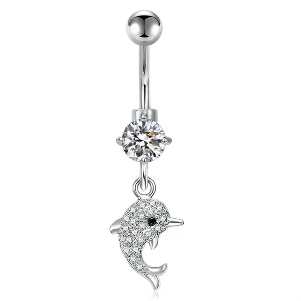 CZ Dolphin Dangle Belly Button Ring 14G Surgical Steel Belly Navel Ring Piercing Jewelry