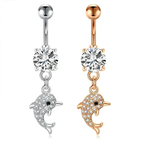 CZ Dolphin Dangle Belly Button Ring 14G Surgical Steel Belly Navel Ring Piercing Jewelry