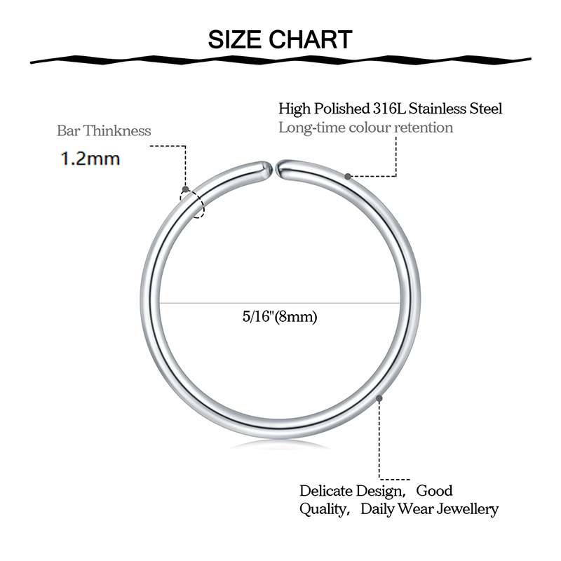 Nose Hoop 8mm 10mm 12mm, Nose Rings Hoop 16 Gauge Septum Rings Hoop for Lip Nose Helix Cartilage Piercing Rings