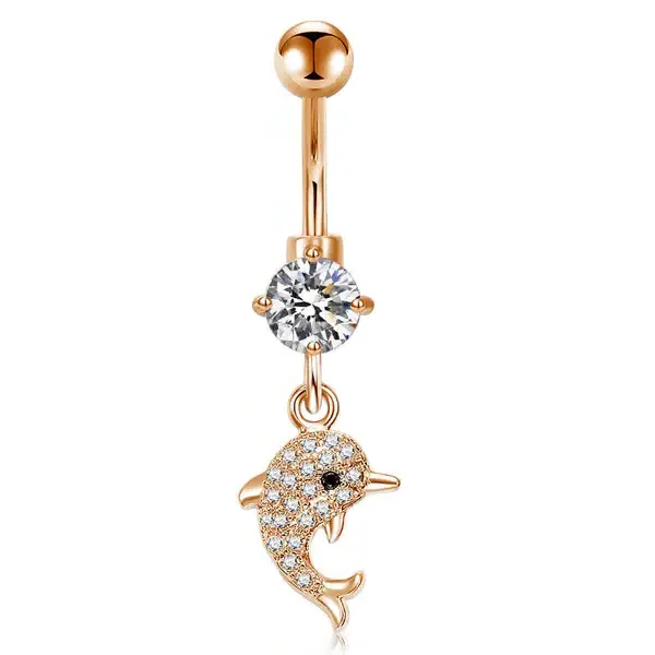 CZ Dolphin Dangle Belly Button Ring 14G Surgical Steel Belly Navel Ring Piercing Jewelry