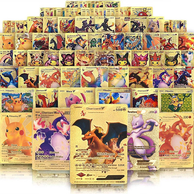 Ultra Rare 55 PCS Gold Poke mon Cards Packs Vmax DX GX Rare Golden Cards TCG Deck Box Gold Foil Card for Fans