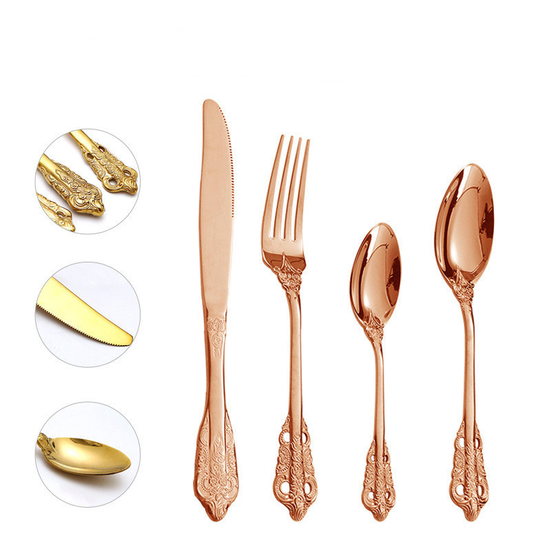 Vintage Court Style Tableware Eating Utensils 304 Stainless Steel Dinner Knives Fork Spoon Gold Flatware Cutlery Set