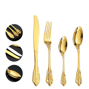 Vintage Court Style Tableware Eating Utensils 304 Stainless Steel Dinner Knives Fork Spoon Gold Flatware Cutlery Set