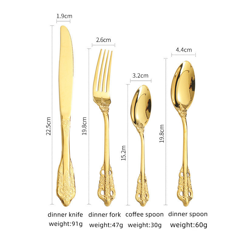 Vintage Court Style Tableware Eating Utensils 304 Stainless Steel Dinner Knives Fork Spoon Gold Flatware Cutlery Set