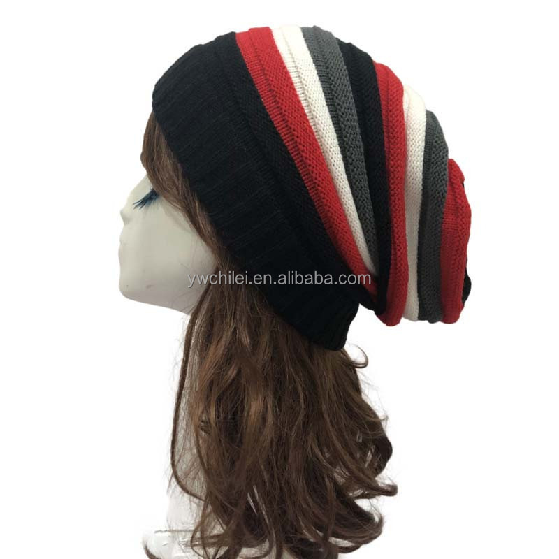 Ribbed Trim Rasta Striped Printed Extra Baggy Slouchy Long Beanie Hat