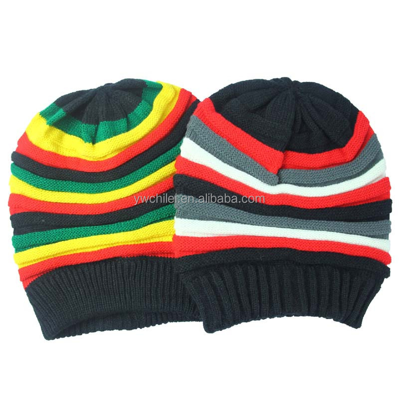 Ribbed Trim Rasta Striped Printed Extra Baggy Slouchy Long Beanie Hat