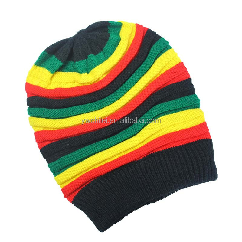 Ribbed Trim Rasta Striped Printed Extra Baggy Slouchy Long Beanie Hat