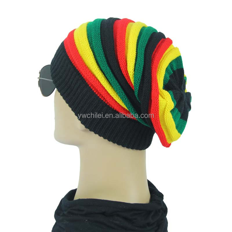 Ribbed Trim Rasta Striped Printed Extra Baggy Slouchy Long Beanie Hat