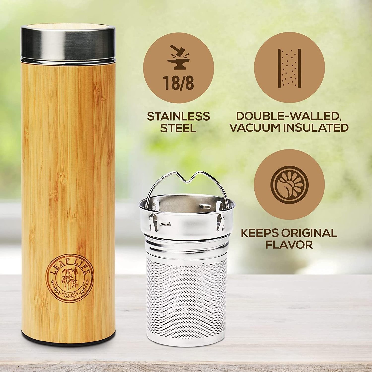 Eco Friendly water bottle Bamboo Wood sleeve Stainless Steel Vacuum Insulation Thermal Flask with Tea Infuser