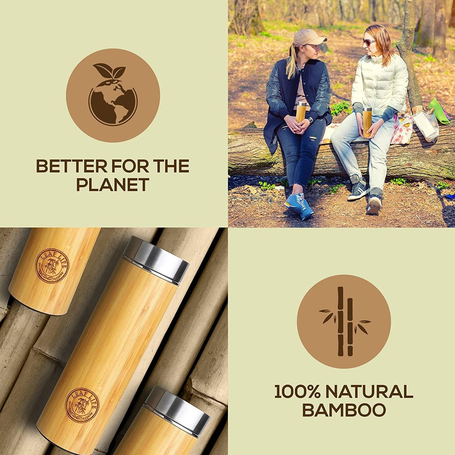 Eco Friendly water bottle Bamboo Wood sleeve Stainless Steel Vacuum Insulation Thermal Flask with Tea Infuser