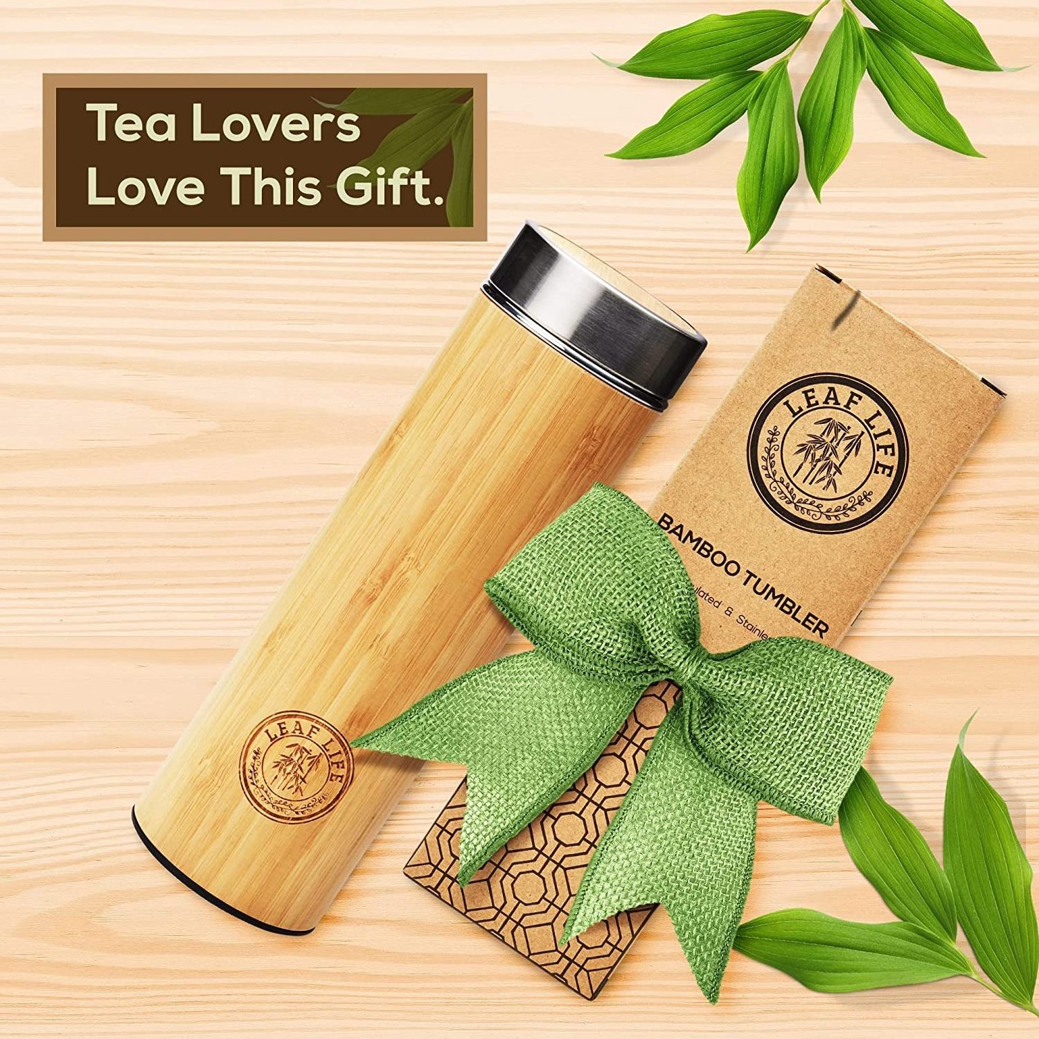 Eco Friendly water bottle Bamboo Wood sleeve Stainless Steel Vacuum Insulation Thermal Flask with Tea Infuser